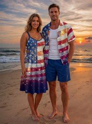 Patriotic American Flag Fireworks Glitter 3D Print Matching Outfit For Couples - Bleu 
