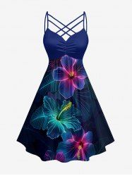 Plus Size Hibiscus Flower Leaf Print Ruched Lattice Crisscross Straps Hawaii Dress -  