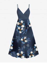 Plus Size Flower Leaf Print Surplice Hawaii Cami Dress -  