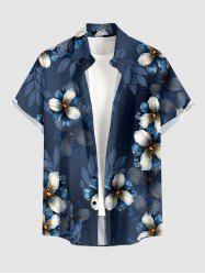 Flower Leaf Print Buttons Pocket Hawaii Shirt For Men -  