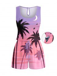Coconut Tree Bird Moon Ombre Print Cinched Hawaii Romper -  