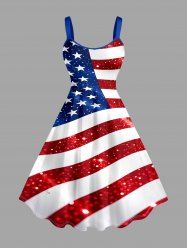 Plus Size Patriotic American Flag Sparkling Sequin 3D Print Tank Dress -  