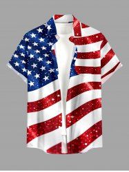 Plus Size Patriotic American Flag Sparkling Sequin 3D Print Buttons Pocket Shirt For Men -  