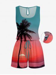 Plus Size Coconut Tree Ombre Sunset Sea Print Hawaii Drawstring Pocket Romper -  
