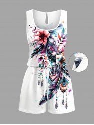 Flower Leaf Feather Print Hawaii Drawstring Pocket Romper -  
