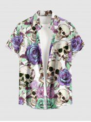 Skulls Rose Flower Print Hawaii Button Pocket Shirt For Men - Pourpre  2XL