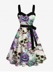 Skulls Rose Flower Print Hawaii Button A Line Dress with Removable Belt -  