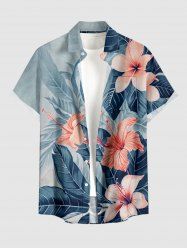 Tropical Leaf Hibiscus Flower Print Hawaii Button Pocket Shirt For Men -  