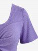 Twist Panel Cinched Wiast Top and Flocking Lace Up Sheer Mesh Leggings Plus Size Outfit - Pourpre  