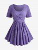 Twist Panel Cinched Wiast Top and Flocking Lace Up Sheer Mesh Leggings Plus Size Outfit - Pourpre  
