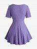 Twist Panel Cinched Wiast Top and Flocking Lace Up Sheer Mesh Leggings Plus Size Outfit - Pourpre  