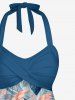 Tankini boyleg à imprimé feuilles tropicales et fleurs d'hibiscus, twist hawaïen, haltère - Bleu XS
