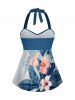 Tankini boyleg à imprimé feuilles tropicales et fleurs d'hibiscus, twist hawaïen, haltère - Bleu XS
