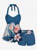Maillot de bain tankini boyleg halter Hawaii Twist à imprimé feuilles tropicales et fleurs d'hibiscus - Bleu 4X