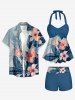 Maillot de bain tankini boyleg halter twist Hawaii à imprimé feuilles tropicales et fleurs d'hibiscus - Bleu 5X