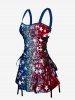 Glitter Sequins Patriotic American Flag Print Lace Up A Line Dress -  