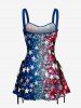 Glitter Sequins Patriotic American Flag Print Lace Up A Line Dress -  
