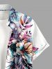 Plus Size Flower Leaf Feather Print Hawaii Button Pocket Shirt For Men -  