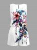 Flower Leaf Feather Print Hawaii Drawstring Pocket Romper -  