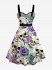 Skulls Rose Flower Print Hawaii Button A Line Dress with Removable Belt -  