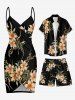 Flower Leaf Branch Print Hawaii Drawstring Beach Shorts For Men - Noir XL