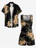 Plus Size Flower Leaf Branch Print Hawaii Drawstring Pocket Romper - Noir 3X