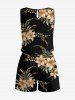 Plus Size Flower Leaf Branch Print Hawaii Drawstring Pocket Romper - Noir 3X