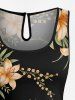 Plus Size Flower Leaf Branch Print Hawaii Drawstring Pocket Romper - Noir 3X