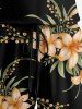 Plus Size Flower Leaf Branch Print Hawaii Drawstring Pocket Romper - Noir 3X