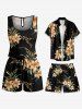 Plus Size Flower Leaf Branch Print Hawaii Drawstring Pocket Romper - Noir 3X