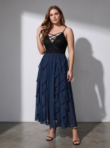 Plus Size Lace and Chiffon Ruffled Crisscross Maxi Sleeveless Wedding Dress - MIDNIGHT BLUE - 3X | US 22-24
