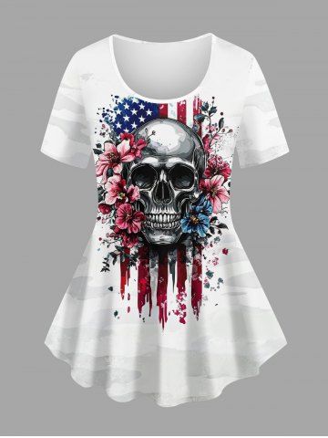 Plus Size Skulls Flower Patriotic American Flag Print T-shirt - WHITE - 6X