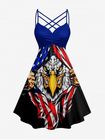 Plus Size Eagle Ripped Patriotic American Flag Print Ruched Crisscross Strappy A Line Dress - BLACK - XXS