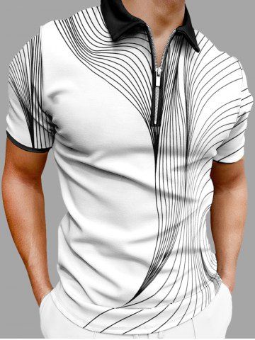 Plus Size Geometric Pattern Print Zipper Polo Shirt For Men - WHITE - XS