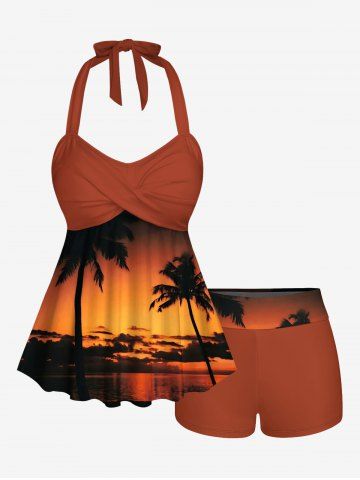 Coconut Tree Ombre Dusk Print Hawaii Twist Halter Boyleg Tankini Swimsuit - BURNT ORANGE - M