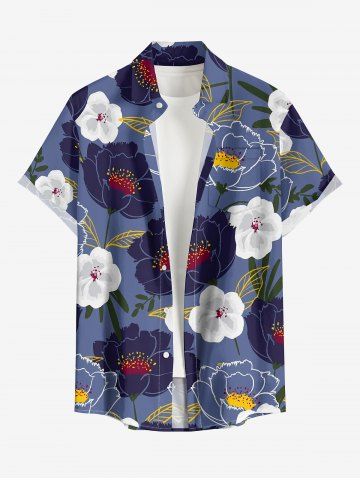 Flower Leaf Print Hawaii Button Pocket Shirt For Men - PURPLE - S