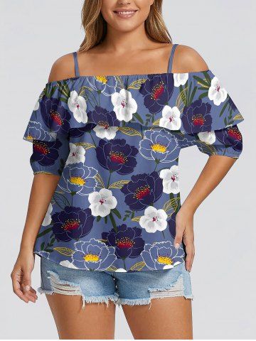 Blouse hawaïenne à épaules dénudées et volants, imprimé fleurs et feuilles - PURPLE - 3XL