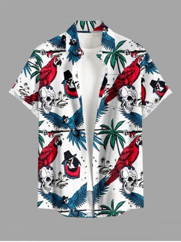 Coconut Tree Skulls Parrot Print Hawaii Button Pocket Shirt For Men - WHITE - M