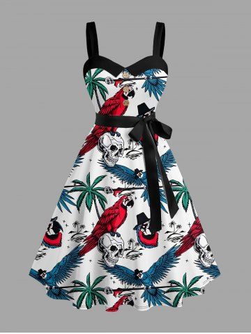 Robe trapèze boutonnée à imprimé hawaïen cocotiers, crânes et perroquets avec ceinture amovible - WHITE - 3X