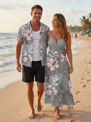 Hibiscus Flower Tropical Leaf Print Matching Hawaii Beach Outfit For Couples - Gris 