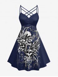 Plus Size Skull Wings Cross Print Ruched Lattice Crisscross Straps Dress - Bleu profond M