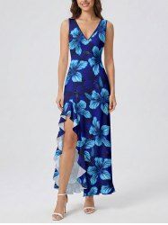 Hibiscus Flower Leaf Print Hawaii Ruffles Split Surplice Dress - Bleu XS