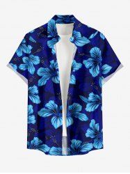 Plus Size Hibiscus Flower Leaf Print Buttons Pocket Hawaii Shirt For Men - Bleu M