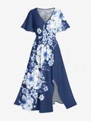 Plus Size Flowers Print Split Hawaii Midi Dress -  