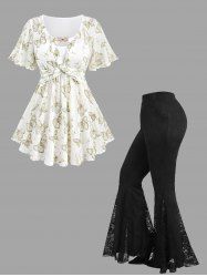 Butterfly Print Twist Top and Floral Lace Patchwork Pockets Flare Pants Plus Size Outfit - Blanc 