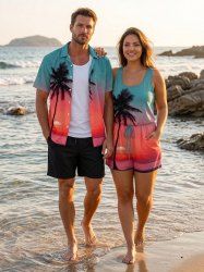 Matching Hawaii Shirt and Romper Beach Outfit Coconut Tree Ombre Sunset Sea Print For Couples -  