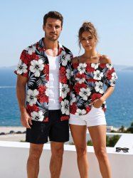 Tropical Leaf Hibiscus Flower Print Matching Hawaii Beach Outfit For Couples - Rouge 