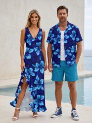 Hibiscus Flower Leaf Print Plus Size Matching Outfit For Couples -  