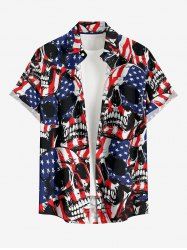 Skulls Patriotic American Flag Print Button Pocket Shirt For Men - Bleu profond 3XL
