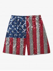 Plus Size Glitter Sequins Patriotic American Flag Print Drawstring Beach Shorts For Men -  